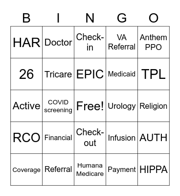 Patient Access Bingo Card