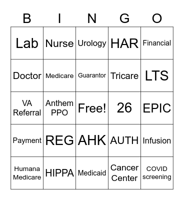 Patient Access Bingo Card