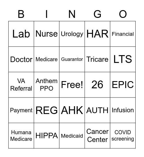 Patient Access Bingo Card