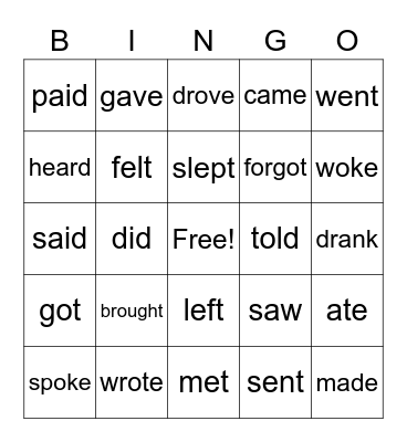 Irregular past tense verbs Bingo Card
