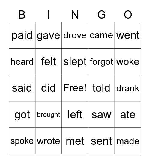 Irregular past tense verbs Bingo Card