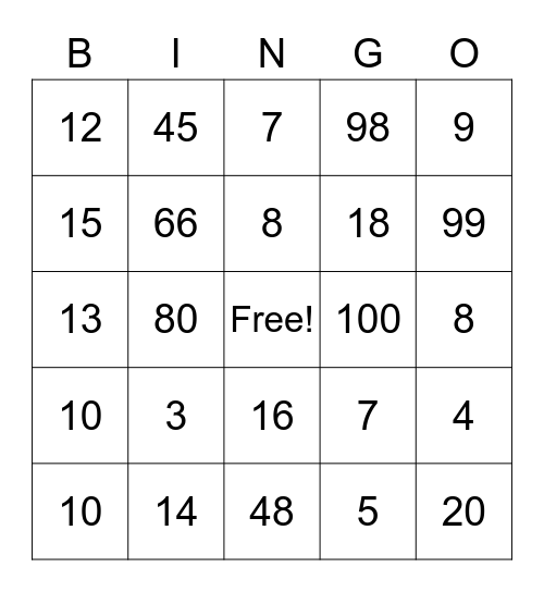 k Bingo Card