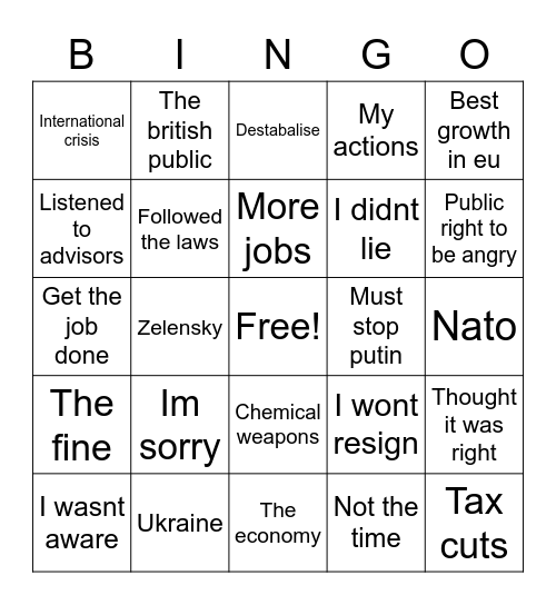 Boris Johnson apology Bingo Card