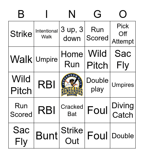 JC Renegades Baseball Bingo Card