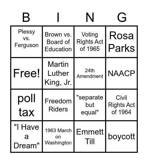 Civil Rights Movement Bingo Card