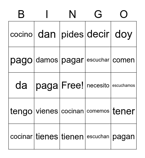HS Unidad 3 verbs Bingo Card