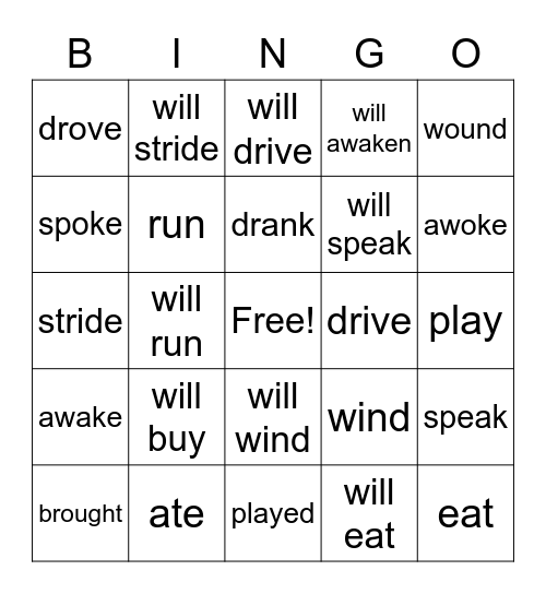 Verb tense bingo Card