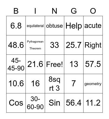 Trig Bingo Card