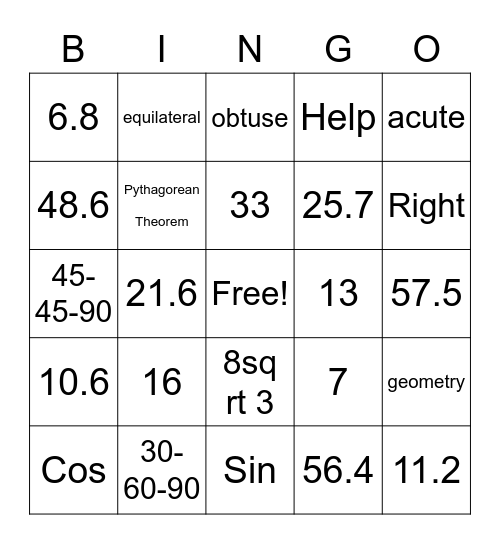 Trig Bingo Card