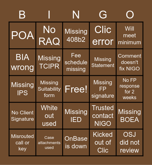 FART Jackwagon Bingo Card