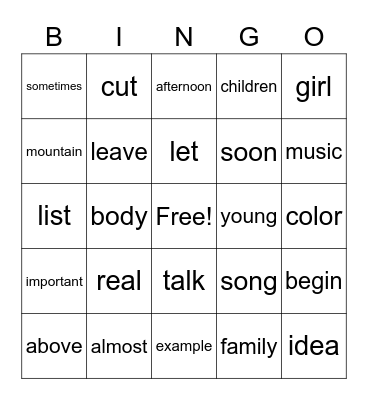 List 22 Bingo Card