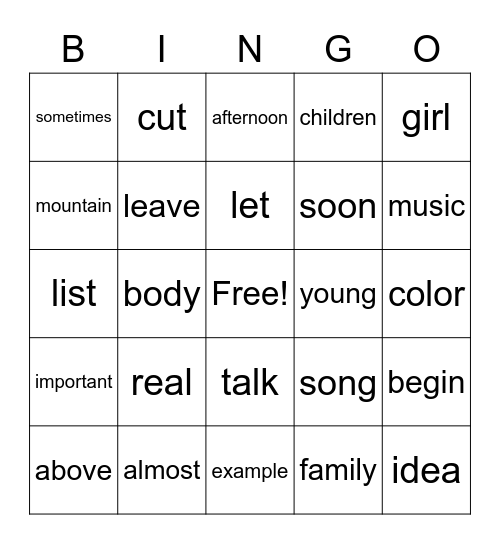 List 22 Bingo Card