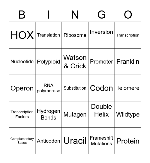 DNA and RNA Bingo Card