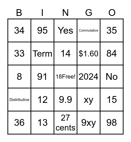 7th Grade math Bingo Card