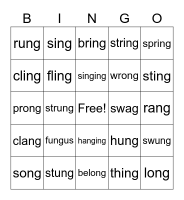 ing, ang, ong, ung Bingo Card