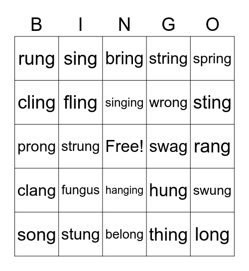ing, ang, ong, ung Bingo Card
