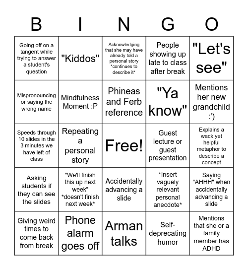 Linda Bingo Card