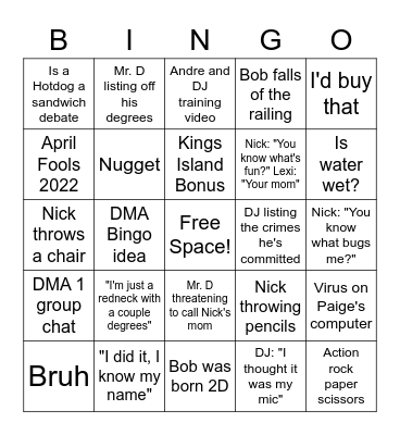 DMA 1 Bingo Card