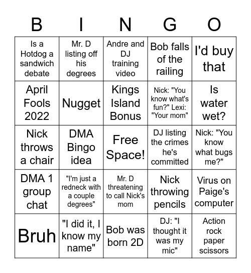 DMA 1 Bingo Card