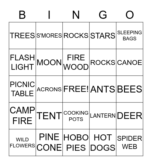 Lady Tracy's Campers Night Out Bingo Card