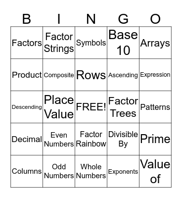 Math Vocabulary Bingo Card