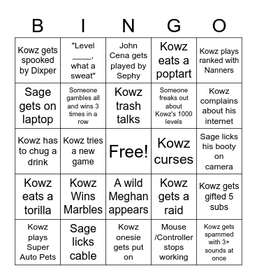 Kowz's Ringo Bingo Card