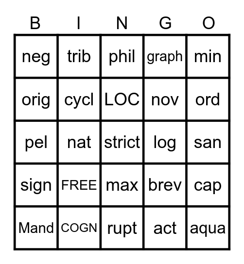 G. L. R. Bingo Card