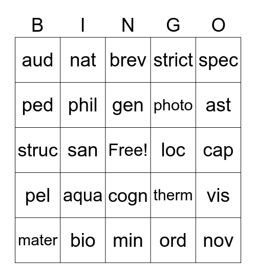 Greek and Latin Roots Bingo Card