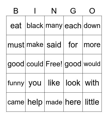 Sight Word Bingo Card