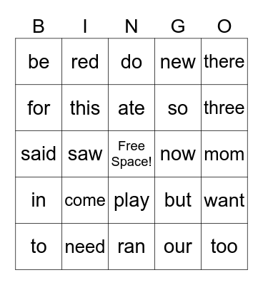 Sight Word Bingo Card