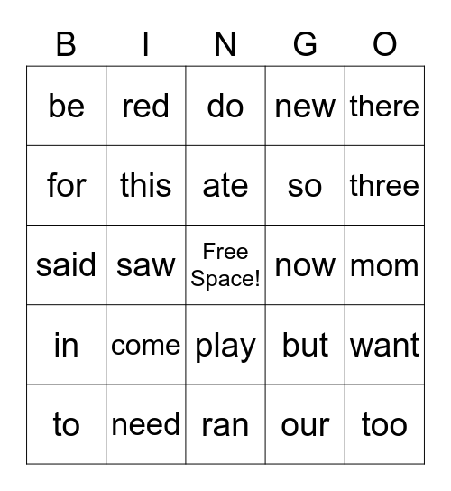 Sight Word Bingo Card