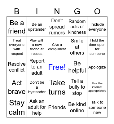 Anti Bullying and Kindness Bingo Card