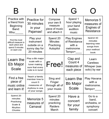 Spring Break- Beginning Band Bingo Card