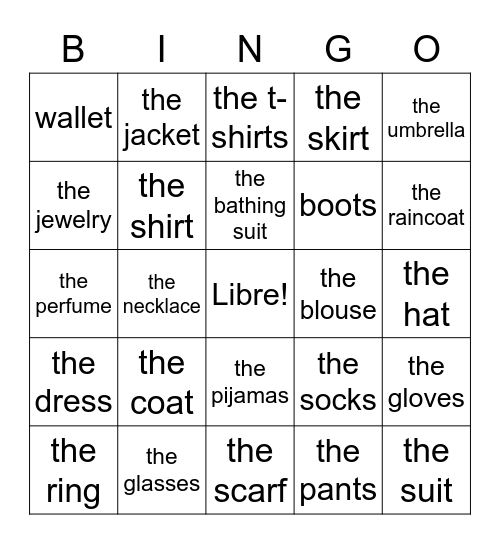La Ropa Bingo Card