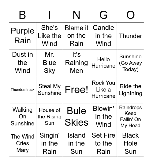 AU Music Bingo - Weather Bingo Card