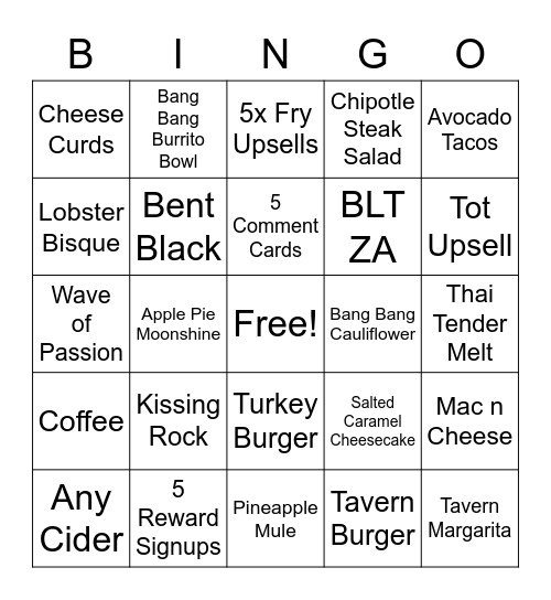 Tavern Bingo Card