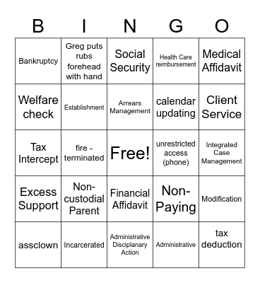 Child Support Bingo Card
