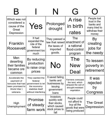 The Great Depression Bingo Card