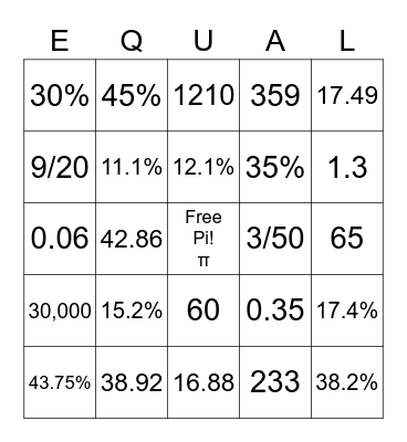 Bingo Math in Algebra Bingo Card