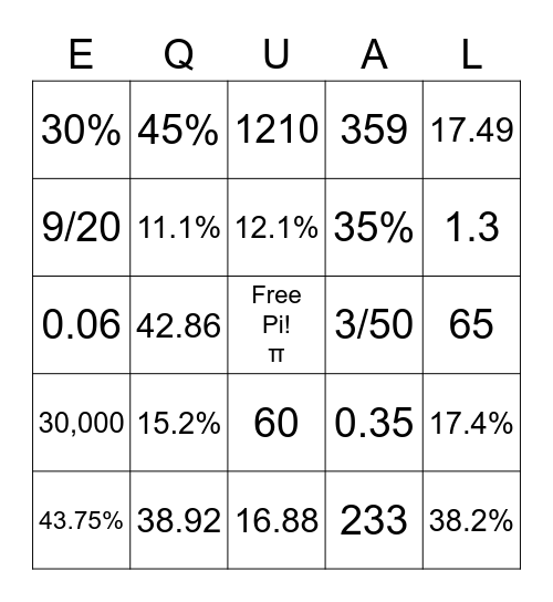 Bingo Math in Algebra Bingo Card