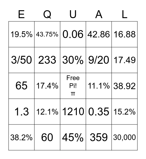 Bingo Math in Algebra Bingo Card