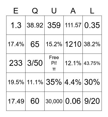 Bingo Math in Algebra Bingo Card