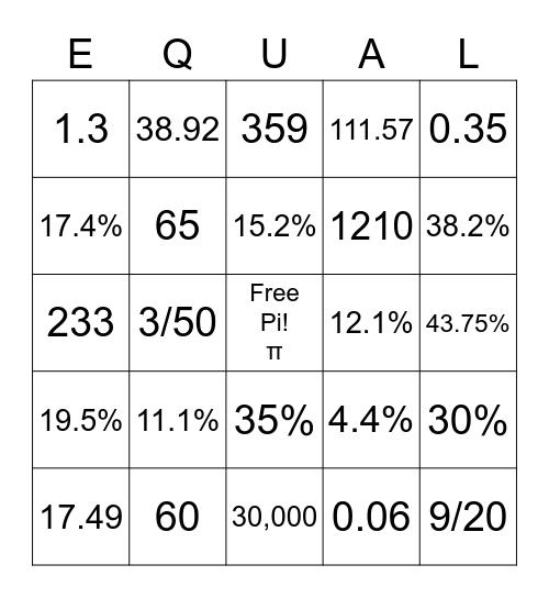 Bingo Math in Algebra Bingo Card