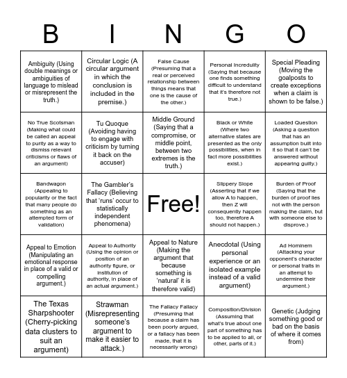 Logical Fallacies Bingo Card