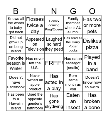 Adelphi Campus Recreation Bingo Card