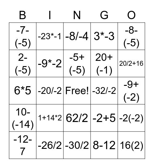 Integers (-20 to 36) BINGO Part 1 - Questions Bingo Card