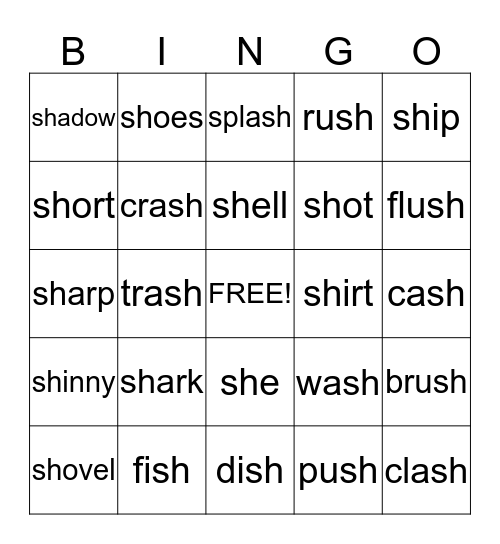 Sh words Bingo Card