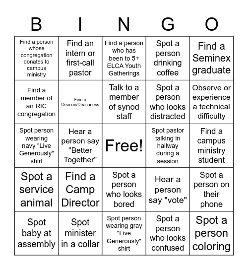 RMS Synod Assembly 2022 Bingo Card