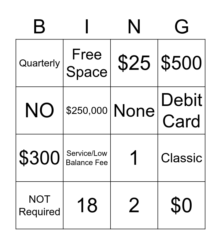 Classic Checking Bingo Card