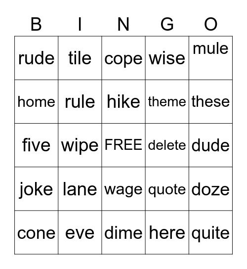 SILENT e Bingo Card